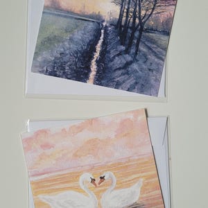 Karten Set, Schwäne, Landschaft, Liebe, Romantik, Postkarte, Original Handgemalt, Glückwünsche, Aquarell,  Wünsche, Grußkarte, Druckkarte,