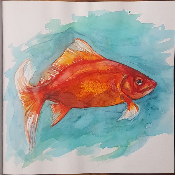 Aquarell, Handgemalt, Original, Unikat, Handgemaltes Bild mit Goldfisch, Fisch, Wasserfarben, Meers leben, Wasser