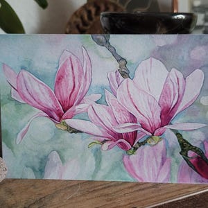 Karte, Magnolie, Blumen, Wiesenblumen, Postkarte, Handgemalt, Aquarell, Wünsche, Grußkarte, Druckkarte