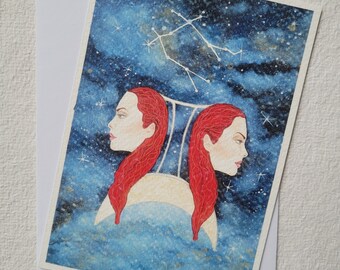 Gemini card, zodiac sign, astrology, Gemini, hand-painted postcard, horoscope, zodiac, birthday, birthday card, birthday wishes