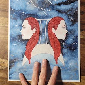 Zwillinge Bild, Sternzeichen, Sternhimmel, Aquarellbild, Gemini, Handgemalte Motiv, Horoskop, Zodiak, Geburtstag, Druckbild, Geschenk