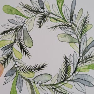 Kranz, Herbst, Winter, Weihnachten, Postkarte, Original Handgemalt, Glückwünsche, Aquarell, Wünsche, Grußkarte, Druckkarte,