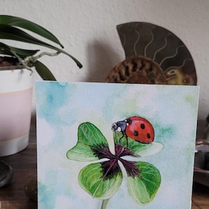 Biglietto, trifoglio portafortuna, coccinella, Capodanno, cartolina, dipinto a mano, acquerello, auguri, biglietto d'auguri, biglietto stampato