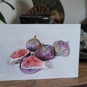 Carte, figues, fruits, nourriture, fruits, carte postale, peinte à la main, aquarelle, vœux, carte de voeux, carte imprimée