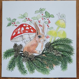 Eichhörnchen, Herbst, Weihnachten, Postkarte, Original Handgemalt, Glückwünsche, Tierliebe, Aquarell, Wünsche, Grußkarte, Druckkarte,
