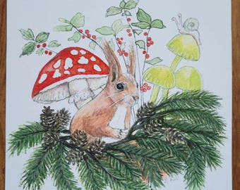 Écureuil, Automne, Noël, Carte postale, Original peint à la main, Félicitations, Amour animal, Aquarelle, Souhaits, Carte de vœux, Carte d’impression,
