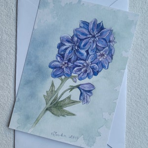 Handgemalte Postkarte, Blumen, Rittersporn, Wünsche, Geburtstag, Geburtstagkarte, Druckkarte, Geburtstagswünsche