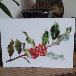 Carte, houx, Noël, carte postale, peinte à la main, aquarelle, vœux, carte de voeux, carte imprimée