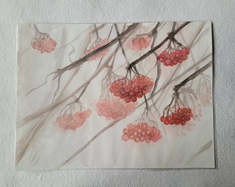 Original, Aquarell Bild, Baum, Eberesche, Vogelbeeren,18*24cm, Handgemalt, Unikat, Rot