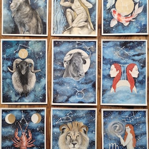3 Karten Set nach Wahl, Sternzeichen, Widder, Fische, Steinbock, Wassermann, Stier, Zwillinge, Krebs, Löwe, Jungfrau, Grußkarte, Druckkarte