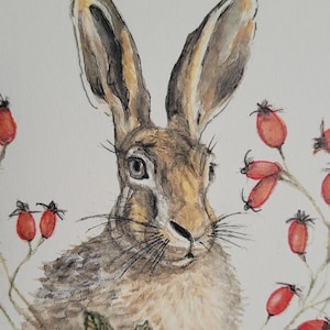 Hase, Herbst, Winter, Weihnachten, Postkarte, Original Handgemalt, Glückwünsche, Tierliebe, Aquarell, Wünsche, Grußkarte, Druckkarte,