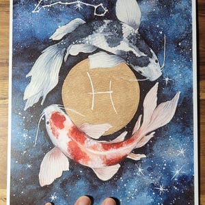 Fische Bild, Sternzeichen, Sternhimmel, Aquarellbild, Pisces, Handgemalte Motiv, Horoskop, Zodiak, Geburtstag, Druckbild, Geschenk