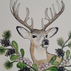 Hirsch, Herbst, Winter, Weihnachten, Postkarte, Original Handgemalt, Glückwünsche, Tierliebe, Aquarell, Wünsche, Grußkarte, Druckkarte,