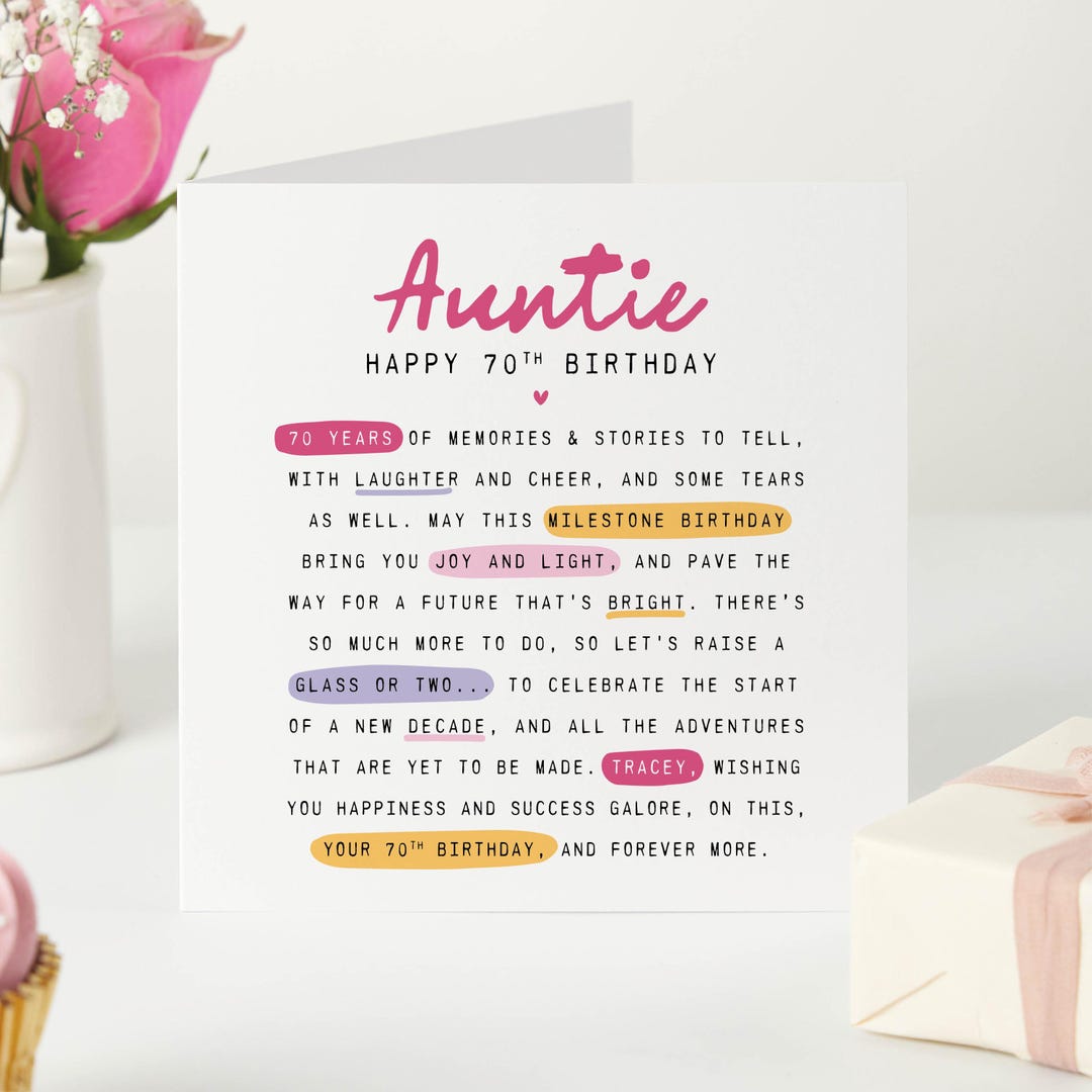 Auntie 70th Birthday Card – Thoughtful 70th Card Aunt - Milestone Poem ...