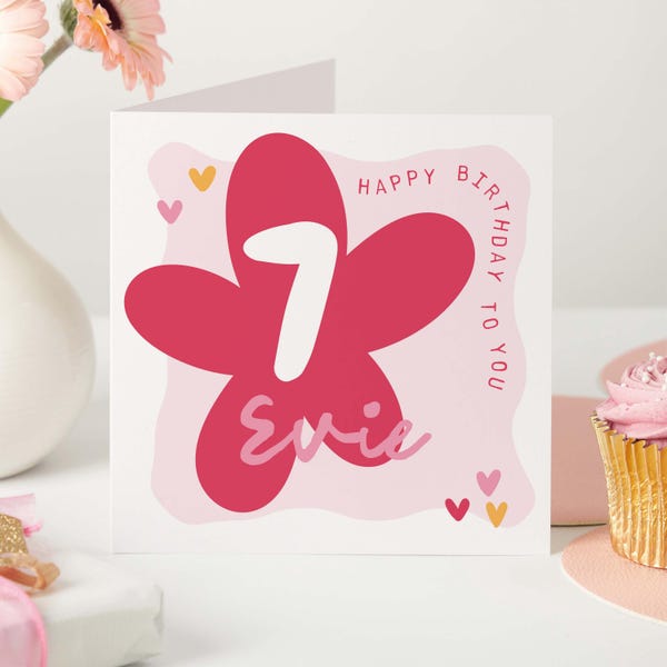 Personalised 7th Birthday Card Pink Flower Design