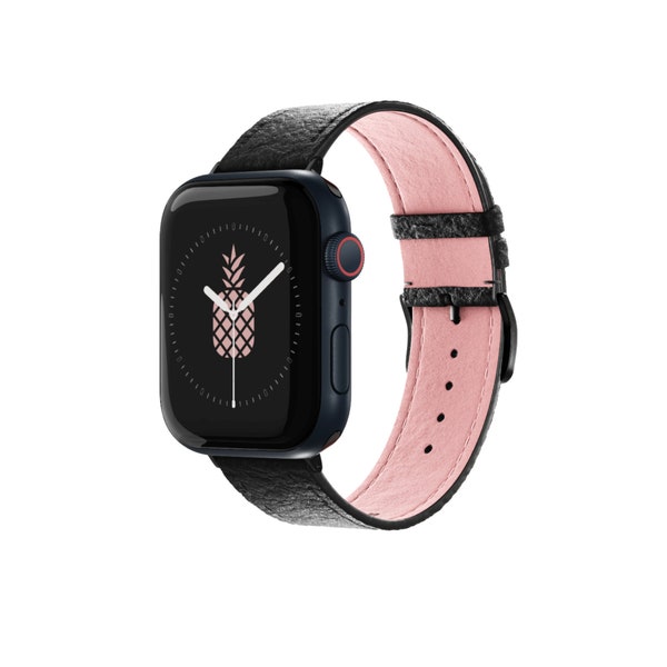 Vegan Leather Apple Watch Band Pinatex Black Strap Alcantara lining Compatible with Apple Watch Series 1 2 3 4 5 6 31mm - 41mm