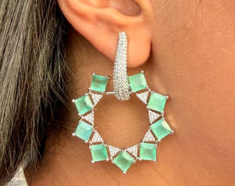 Mint Green Emerald CZ Drop Earrings, Indian Wedding Jewelry, Big Hoop Jhumka