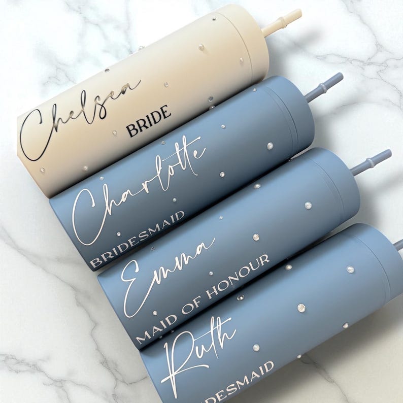 Personalised Skinny Tumbler for Bridal Party, Pearls and Prosecco, Diamantés, Bride to be, Maid of Honor, Bridesmaid Gifts, Gift for Bride image 2