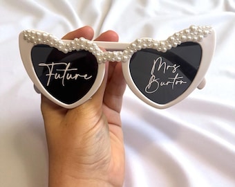 Personalised Bride to Be Sunglasses, Wedding Favours, Hen Party, Stag Party, Future Mrs, Personalised Gifts, White Heart Sunglasses