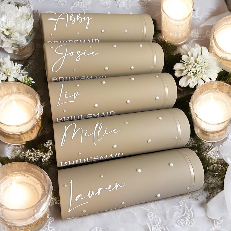 Personalised Skinny Tumbler for Bridal Party, Pearls and Prosecco, Diamantés, Bride to be, Maid of Honor, Bridesmaid Gifts, Gift for Bride image 5