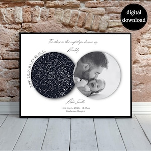 May include: A framed print with the text "The stars on the night you became my Daddy." The print includes a star map, a black and white photo of a father and baby, and the text "Alfie Smith, 16th March, 2026 - 11:15am, Colchester Hospital."