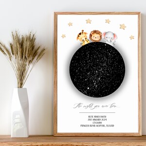 La nuit où vous êtes né, imprimé animal personnalisé, les étoiles le jour de votre naissance, cadeau de nouveau bébé, décoration de chambre d'enfant, cadeau personnalisé