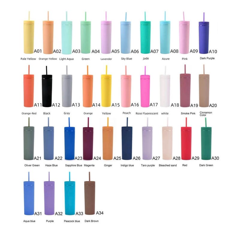 May include: Thirty-four different color options for a reusable tumbler. The tumblers are all the same size and shape, and they have a straw.