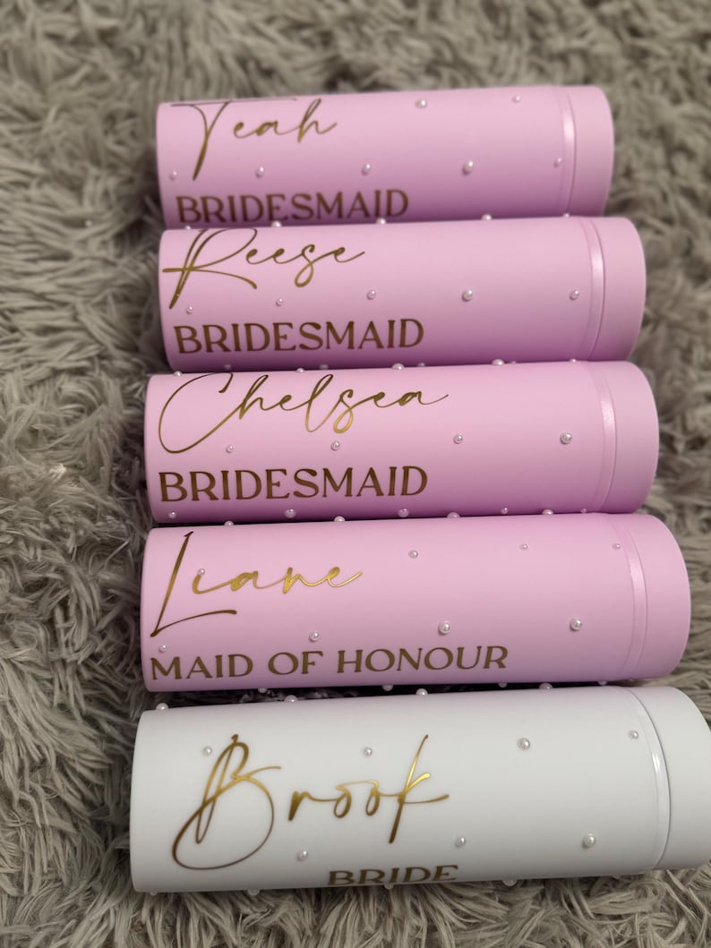 Personalised Skinny Tumbler for Bridal Party, Pearls and Prosecco, Diamantés, Bride to be, Maid of Honor, Bridesmaid Gifts, Gift for Bride image 6