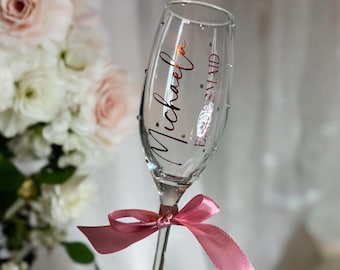 Personlig champagneglas för brudföljet, diamanter och band, champagneglas för bröllopsdagen, present till brud, blivande brud, brudtärnor