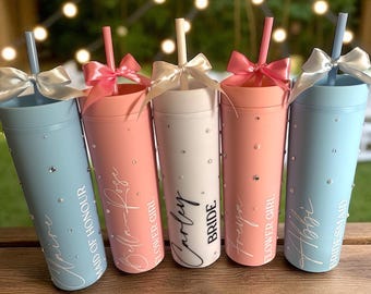 Personalised Skinny Tumbler for Bridal Party, Pearls and Prosecco, Diamantés, Bride to be, Maid of Honor, Bridesmaid Gifts, Gift for Bride
