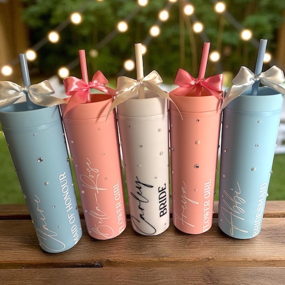 Personalised Skinny Tumbler for Bridal Party, Pearls and Prosecco, Diamantés, Bride to be, Maid of Honor, Bridesmaid Gifts, Gift for Bride
