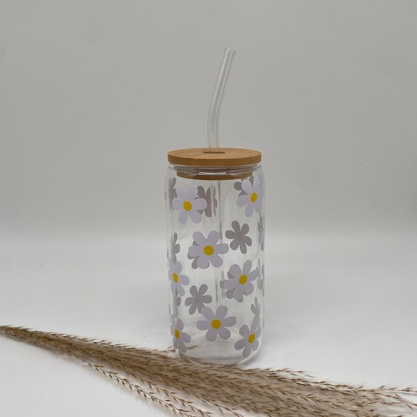 Glas mit Deckel Strohhalm*Trinkglas*Weihnachtsgeschenk*Kaffebecher mit Deckel*personalisiertes Trinkglas*Bambusdeckel*wildblumen*Geburtstag