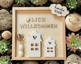 Einzugsgeschenk personalisiert, Dekorahmen herzlich willkommen, Holzrahmen für die Türe, Türschild aus Holz, personalisiertes Geschenk, Name