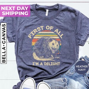 May include: A heather navy blue t-shirt with a vintage-style graphic of a possum with the text "First of all, I'm a delight".