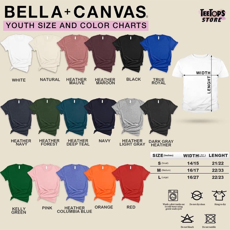 May include: A Bella+Canvas youth size and color chart featuring seventeen t-shirts in various colors including white, natural, heather mauve, maroon, black, royal, navy, forest, teal, gray, green, pink, blue, orange, and red with a size guide in inches.