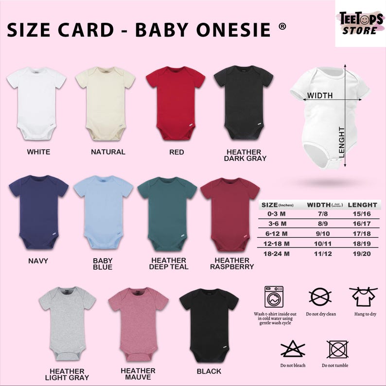 a baby onesie size chart with different colors
