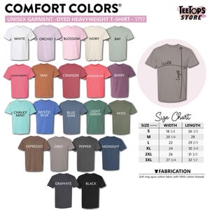 The image is a collage of various colored t-shirts, each with a different size chart and description, providing information about the sizes and widths of the t-shirts.