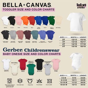 May include: A Bella+Canvas toddler t-shirt and Gerber childrenswear baby onesie color and size chart. Includes a white t-shirt, a white onesie, and color swatches with labels. Size tables show width and length in inches for toddler and baby sizes.