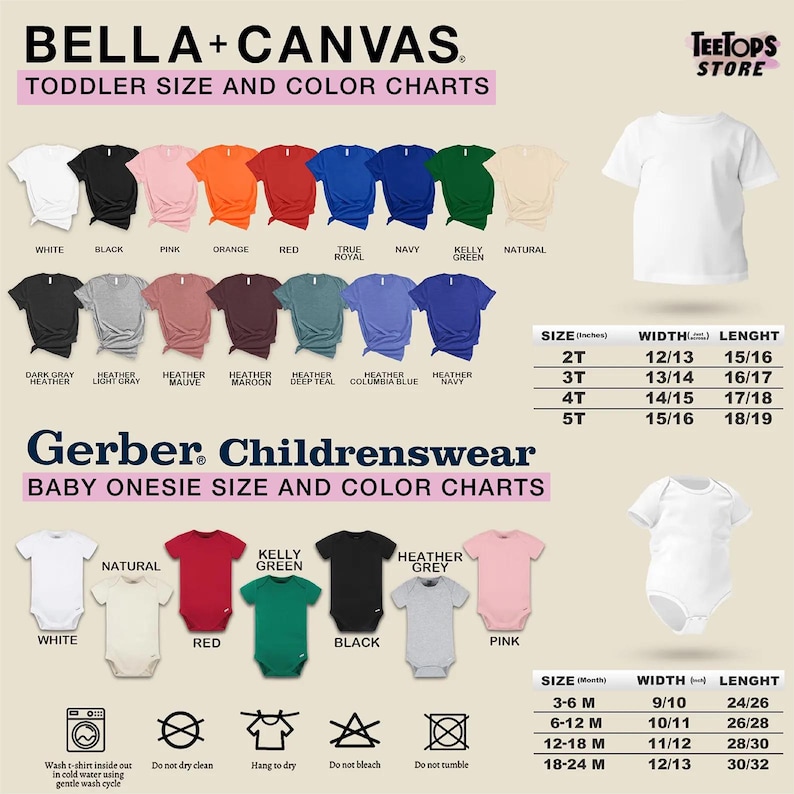 May include: A Bella+Canvas toddler t-shirt and Gerber childrenswear baby onesie color and size chart. Includes a white t-shirt, a white onesie, and color swatches with labels. Size tables show width and length in inches for toddler and baby sizes.