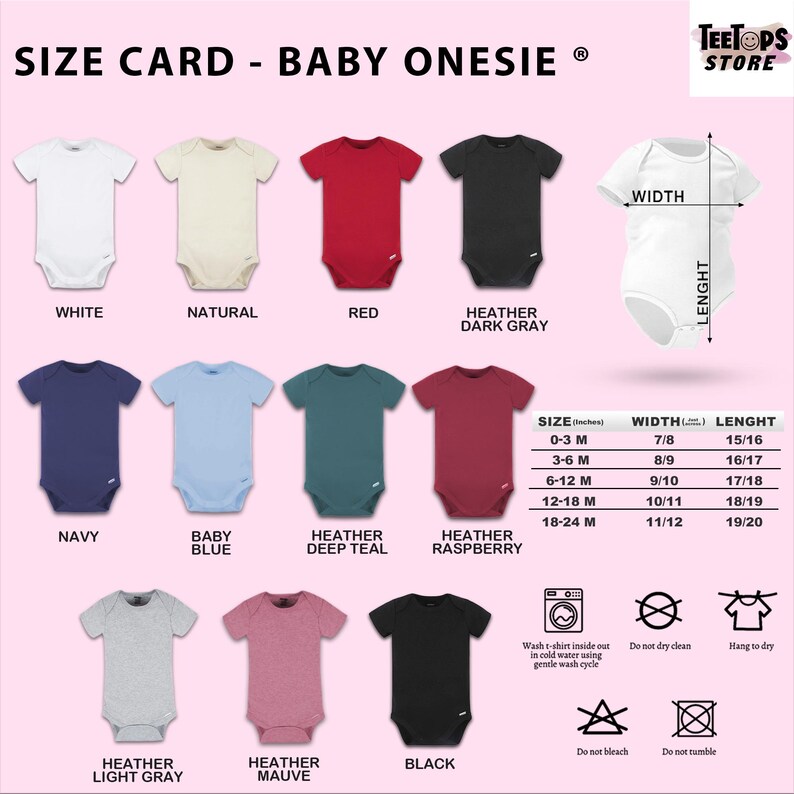 a baby onesie size chart with different colors