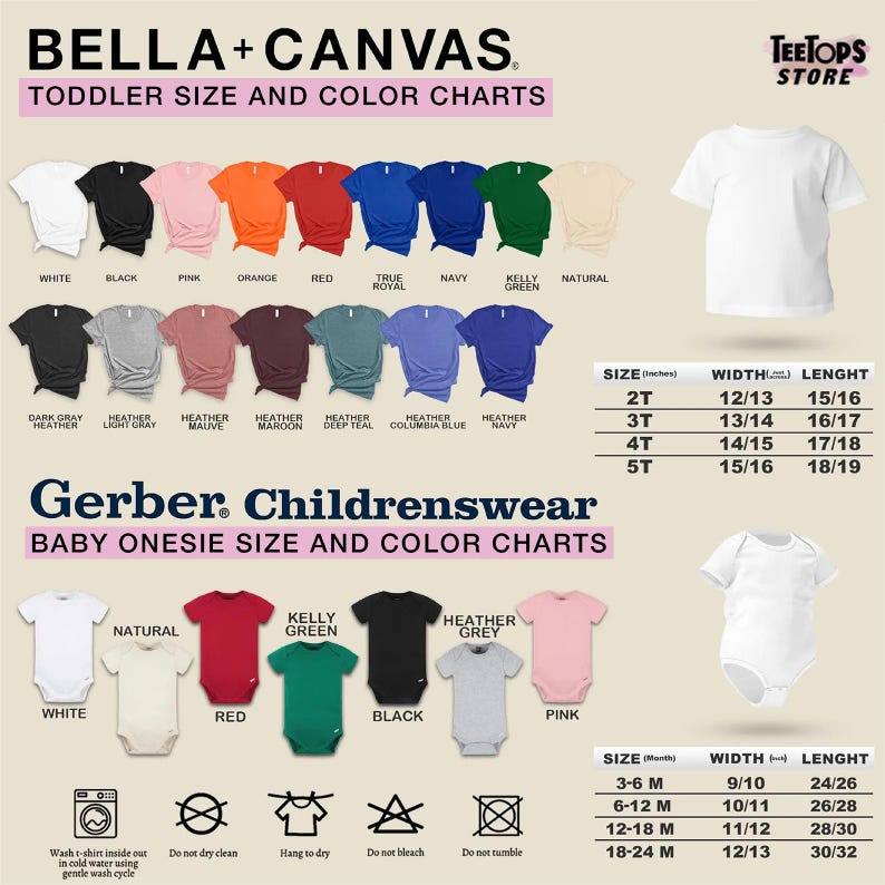May include: A Bella+Canvas toddler t-shirt and Gerber childrenswear baby onesie color and size chart. Includes color swatches, a white t-shirt, a white onesie, and two tables listing sizes in inches with width and length measurements.