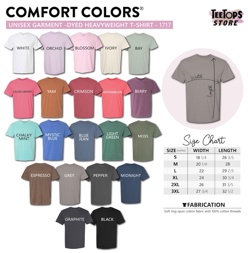 The image is a collage of various colored t-shirts, each with a different size chart and description, providing information about the sizes and widths of the t-shirts.