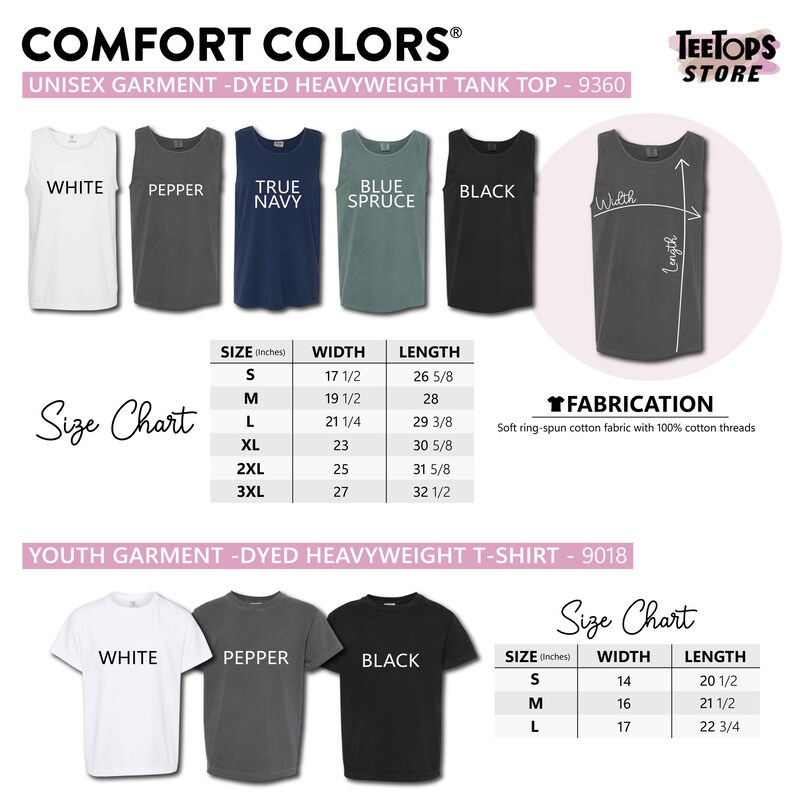 The image is a collection of various colored T-shirts, including white, pepper, navy, blue, black, and gray, along with size charts and measurements for each color.