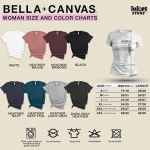 May include: A Bella+Canvas size and color chart for t-shirts. It displays eight t-shirt colors: white, heather mauve, heather maroon, black, heather navy, heather deep teal, heather light gray, and dark gray heather. Includes a size chart in inches.