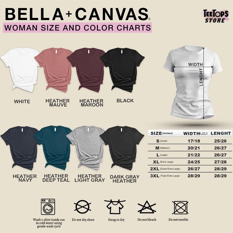 May include: A Bella+Canvas size and color chart for t-shirts. It displays eight t-shirt colors: white, heather mauve, heather maroon, black, heather navy, heather deep teal, heather light gray, and dark gray heather. Includes a size chart in inches.