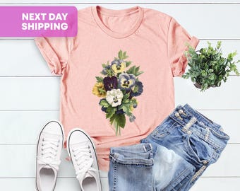 Vintage Pansies T-Shirt, Vintage Flowers Tshirt, Cottage Core Shirt, Gardener Gift, Botanical Yellow & Purple Pansies to, Garden Flowers Tee