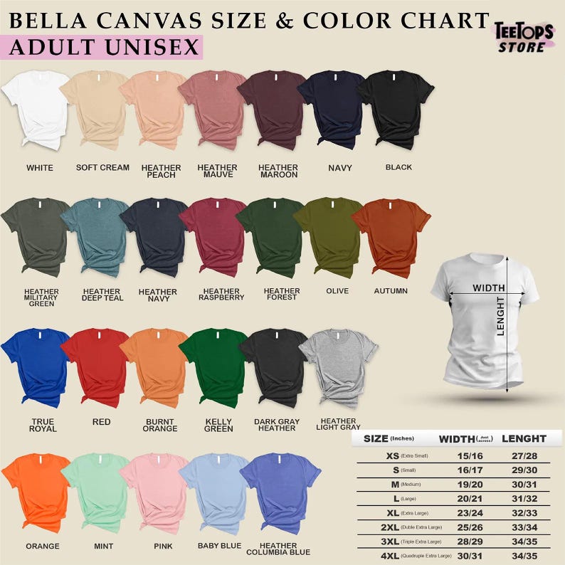 May include: A Bella Canvas size and color chart for adult unisex t-shirts. The image displays twenty-four t-shirt color swatches with labels, a white t-shirt graphic with width and length arrows, and a size chart in inches from XS to 4XL.