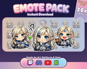 Kawaii Elf Knight Girl Emotes – 20 Chibi PNGs for Twitch, Discord (Digital Download)