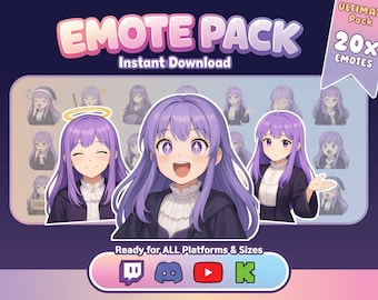 Anime Magier Mädchen Emotes, Purple Hair Mage, Twitch, Discord, YouTube, Kick (20 Emotes - Instant Download