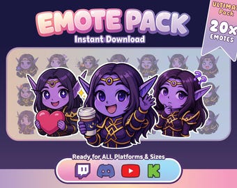 Xal'atath World of Warcraft - 20 Chibi Lila Elf Zauberin Emote & Sticker Pack Kawaii Magic für Twitch Discord YouTube | Digitaler Download